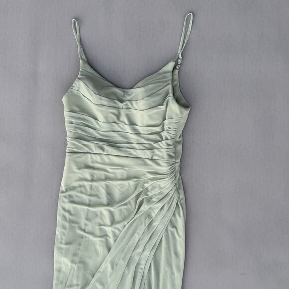 AZAZIE Deandra Stretch Mermaid Pleated Mesh Dress Dusty Sage A8 Long Slit Ruched - Picture 4 of 14